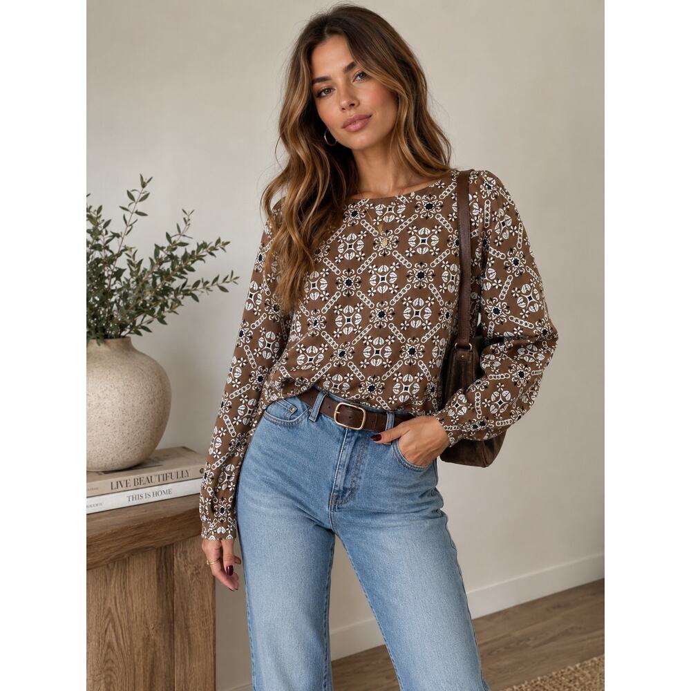 Ann Taylor Brown Printed Long Sleeve Blouse